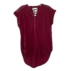 No Boundaries Burgundy Lace-Up Tunic Top M (7–9) Cap Sleeve Hi-Low Hem